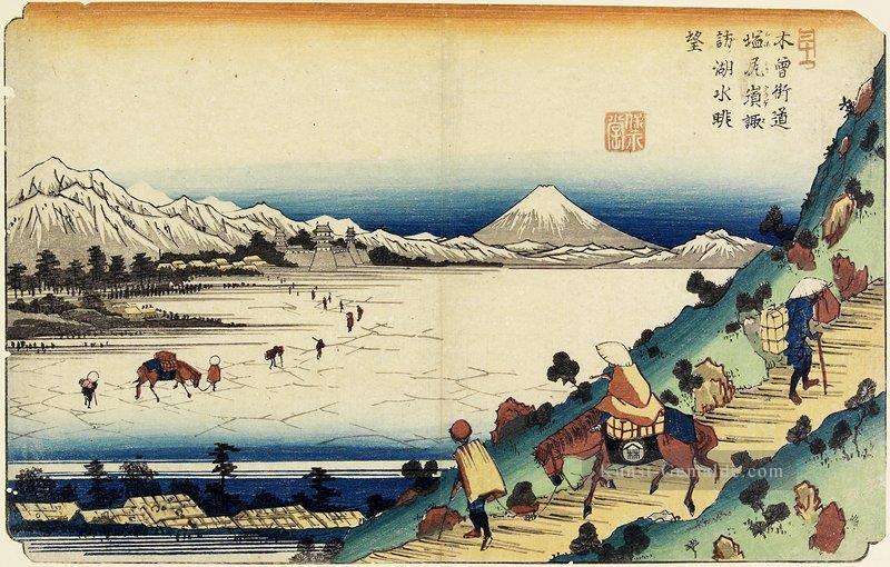 Blick auf den See suwa vom Shiojiri Pass 1830 Keisai Eisen Ukiyoye Ölgemälde